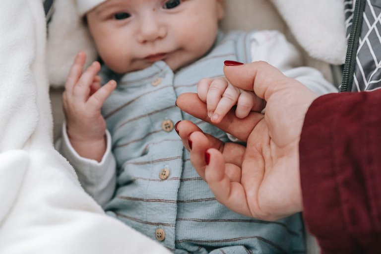 Baby hält Finger eines Erwachsenen 